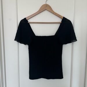 Theory Black Flutter Sleeve Smocked Top